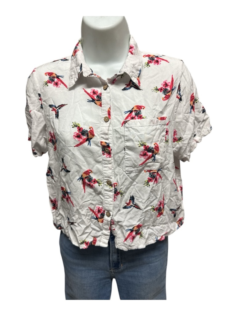 Love Notes Crop-Top Short-Sleeves Button Front Women’s Graphic Art Shirt Size L